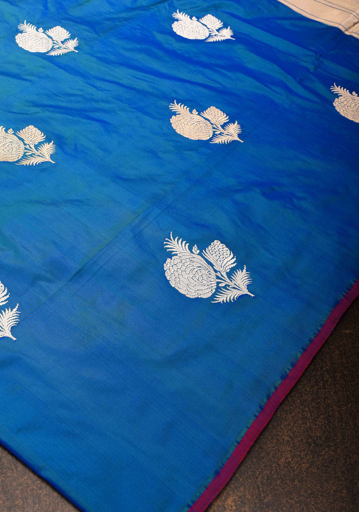 Borderless Banarasi Pure Katan Silk Saree in Peacock Dual Tone with Sona Rupa Floral Motifs | SILK MARK CERTIFIED