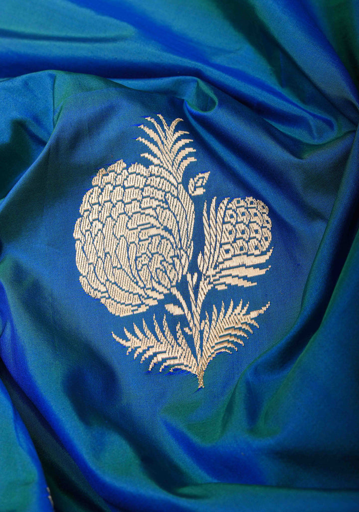 Borderless Banarasi Pure Katan Silk Saree in Peacock Dual Tone with Sona Rupa Floral Motifs | SILK MARK CERTIFIED