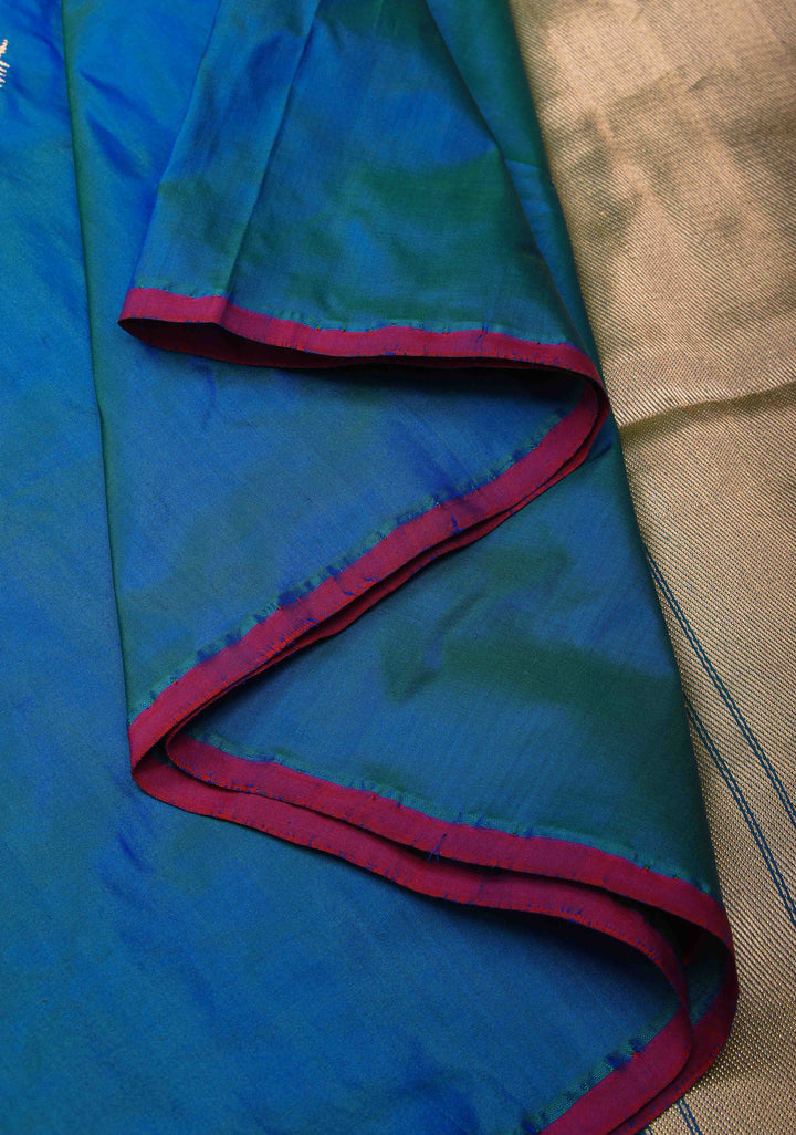 Borderless Banarasi Pure Katan Silk Saree in Peacock Dual Tone with Sona Rupa Floral Motifs | SILK MARK CERTIFIED