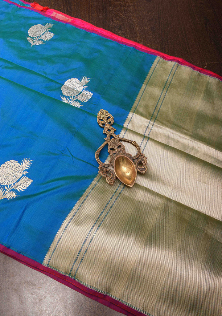 Borderless Banarasi Pure Katan Silk Saree in Peacock Dual Tone with Sona Rupa Floral Motifs | SILK MARK CERTIFIED