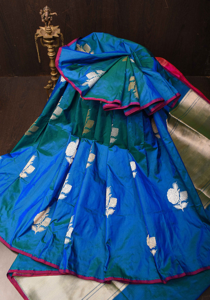 Borderless Banarasi Pure Katan Silk Saree in Peacock Dual Tone with Sona Rupa Floral Motifs | SILK MARK CERTIFIED