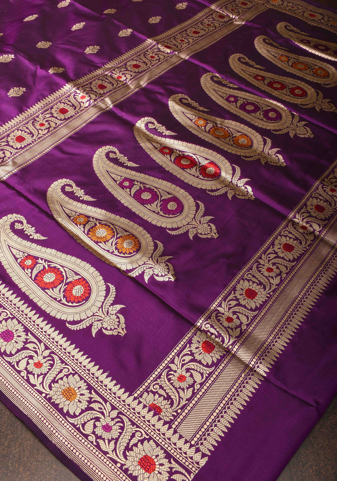 Baluchari Banarasi Katan silk saree with Floral Buttas and Meenakari Border, Pallu | SILK MARK CERTIFIED