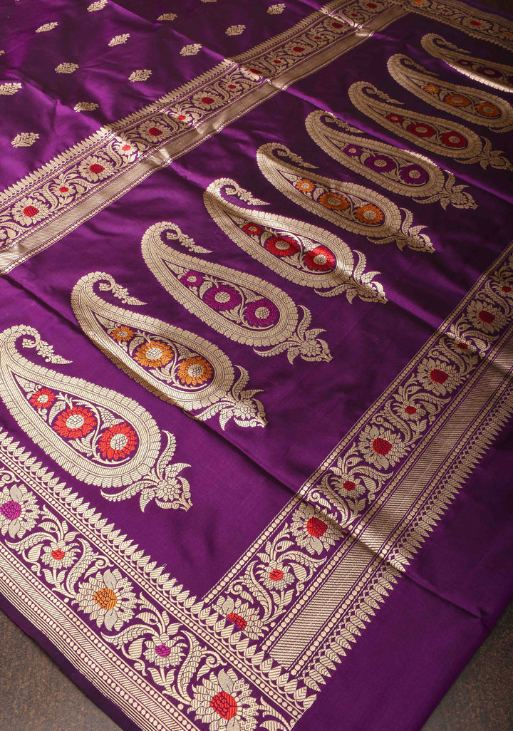 Baluchari Banarasi Katan silk saree with Floral Buttas and Meenakari Border, Pallu | SILK MARK CERTIFIED