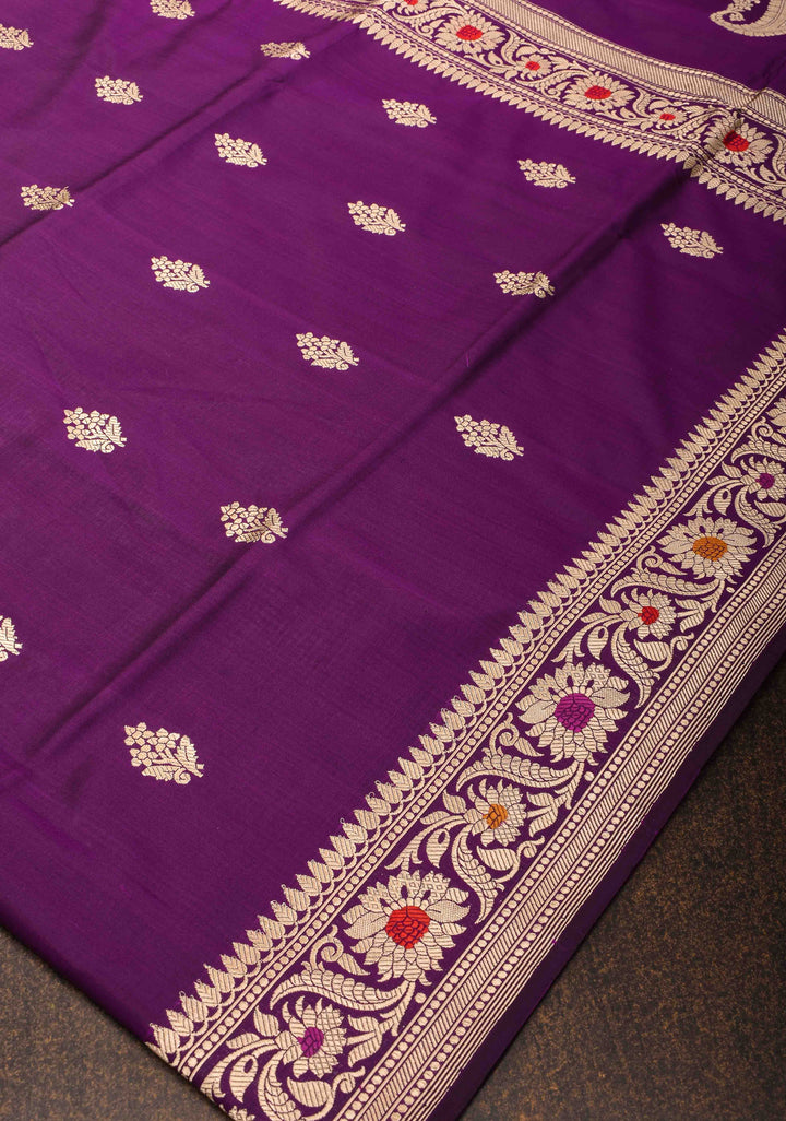 Baluchari Banarasi Katan silk saree with Floral Buttas and Meenakari Border, Pallu | SILK MARK CERTIFIED