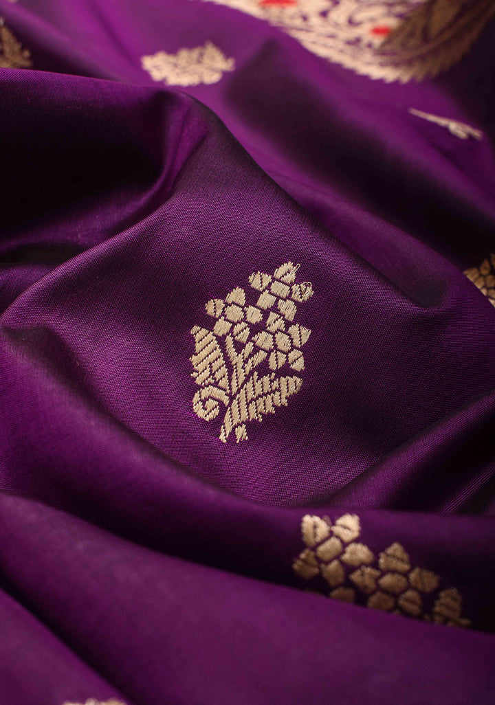 Baluchari Banarasi Katan silk saree with Floral Buttas and Meenakari Border, Pallu | SILK MARK CERTIFIED