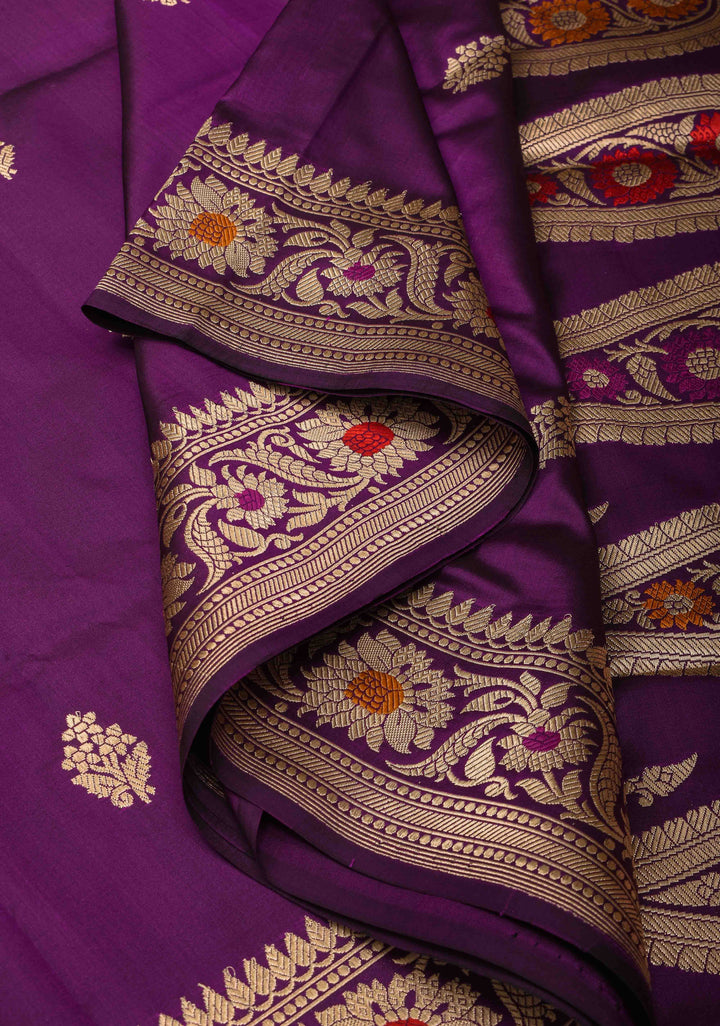 Baluchari Banarasi Katan silk saree with Floral Buttas and Meenakari Border, Pallu | SILK MARK CERTIFIED
