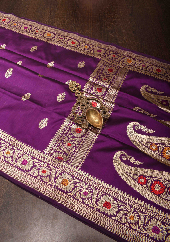 Baluchari Banarasi Katan silk saree with Floral Buttas and Meenakari Border, Pallu | SILK MARK CERTIFIED