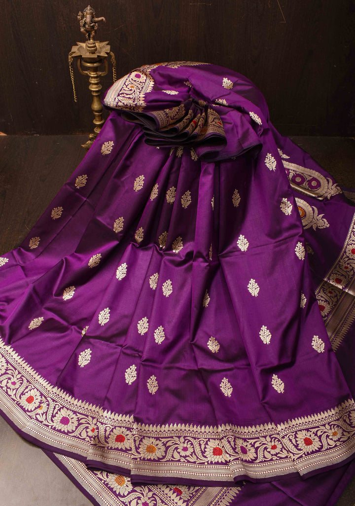 Baluchari Banarasi Katan silk saree with Floral Buttas and Meenakari Border, Pallu | SILK MARK CERTIFIED