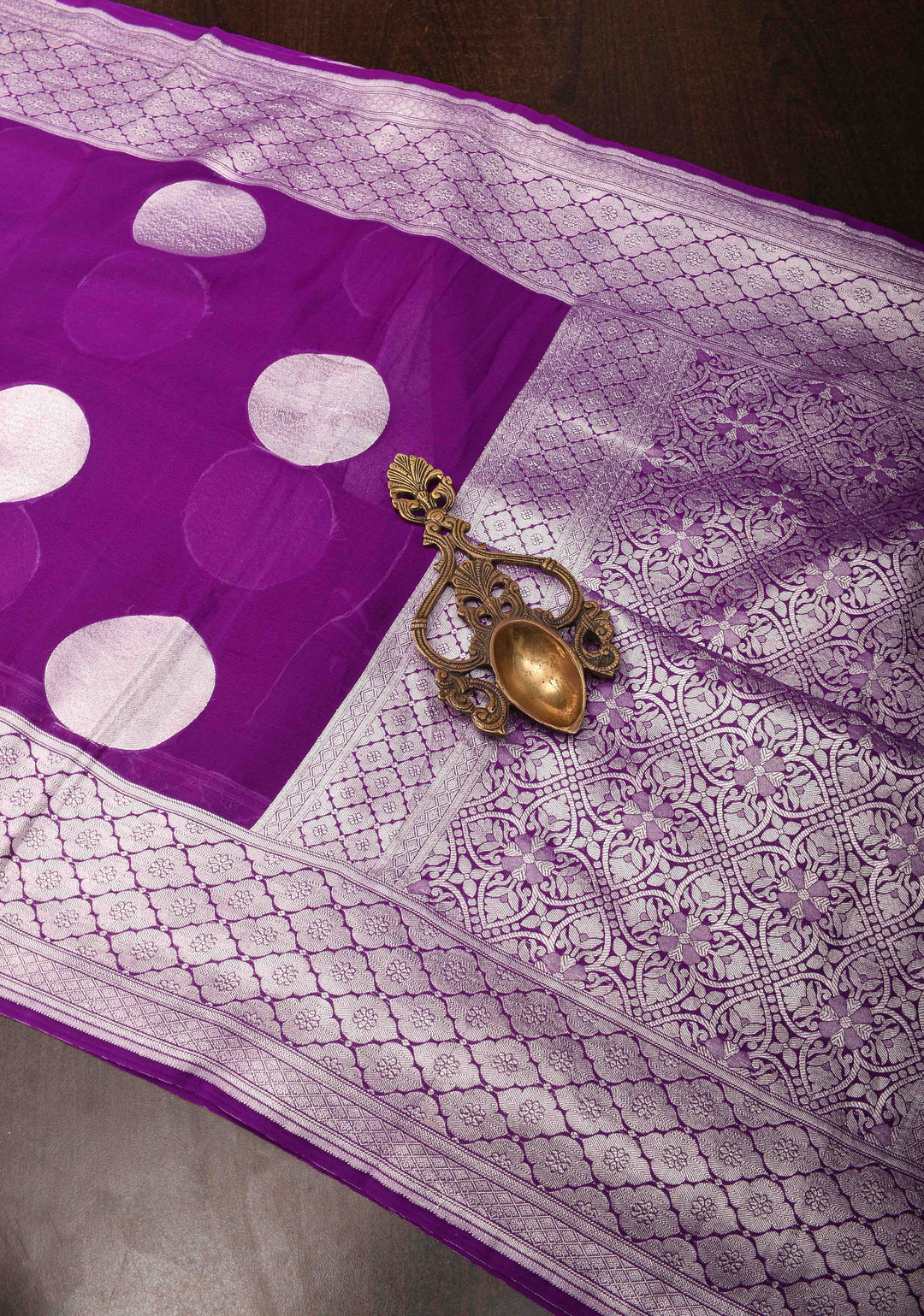 Purple Banarasi Chiffon Silk Saree with Big Polka Dot Buttas and Zari Border | SILK MARK CERTIFIED