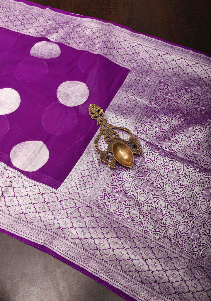 Purple Banarasi Chiffon Silk Saree with Big Polka Dot Buttas and Zari Border | SILK MARK CERTIFIED