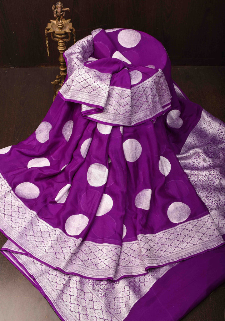 Purple Banarasi Chiffon Silk Saree with Big Polka Dot Buttas and Zari Border | SILK MARK CERTIFIED
