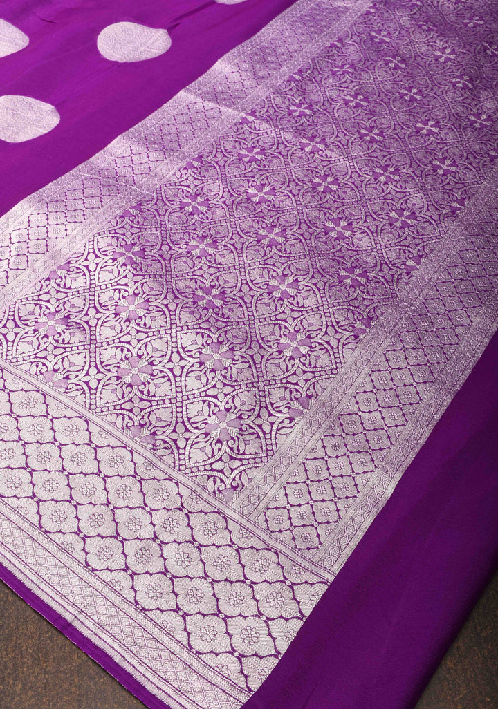 Purple Banarasi Chiffon Silk Saree with Big Polka Dot Buttas and Zari Border | SILK MARK CERTIFIED