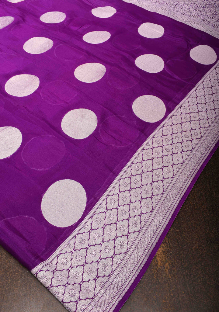 Purple Banarasi Chiffon Silk Saree with Big Polka Dot Buttas and Zari Border | SILK MARK CERTIFIED