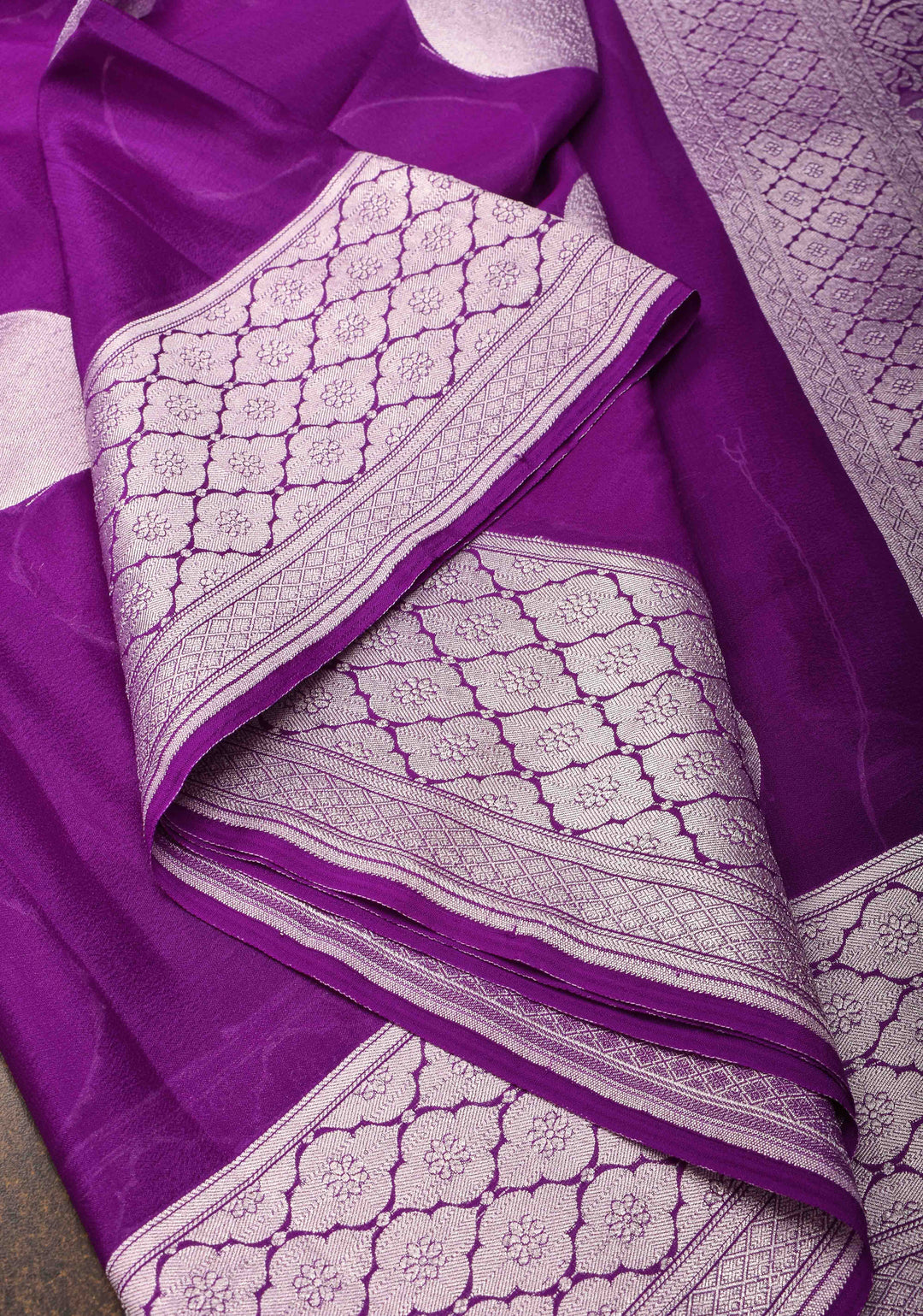 Purple Banarasi Chiffon Silk Saree with Big Polka Dot Buttas and Zari Border | SILK MARK CERTIFIED