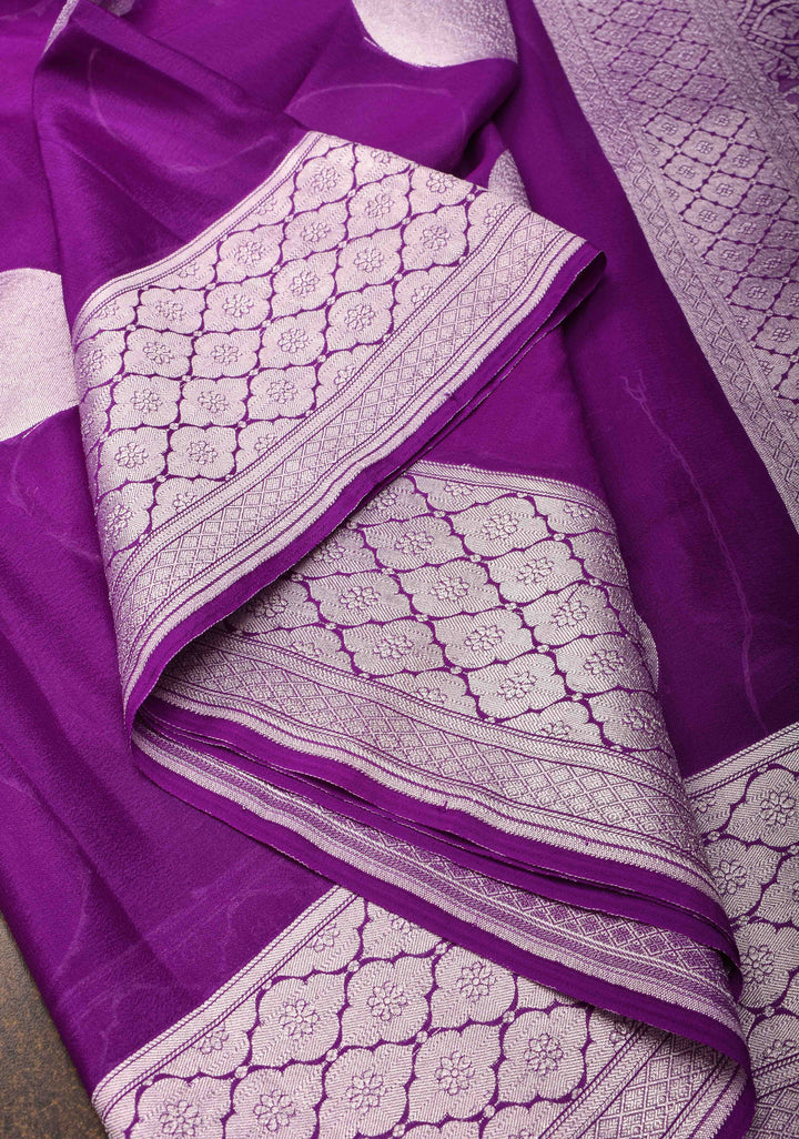 Purple Banarasi Chiffon Silk Saree with Big Polka Dot Buttas and Zari Border | SILK MARK CERTIFIED