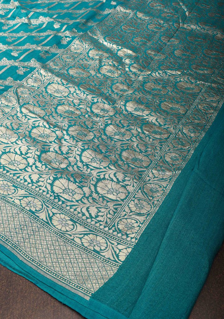 Dark Teal Vertical and diagonal Stripes Tussar Georgette silk saree Saree with Zari border | SILK MARK CERTIFIED