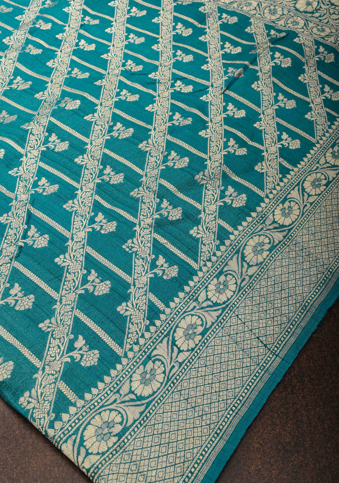 Dark Teal Vertical and diagonal Stripes Tussar Georgette silk saree Saree with Zari border | SILK MARK CERTIFIED