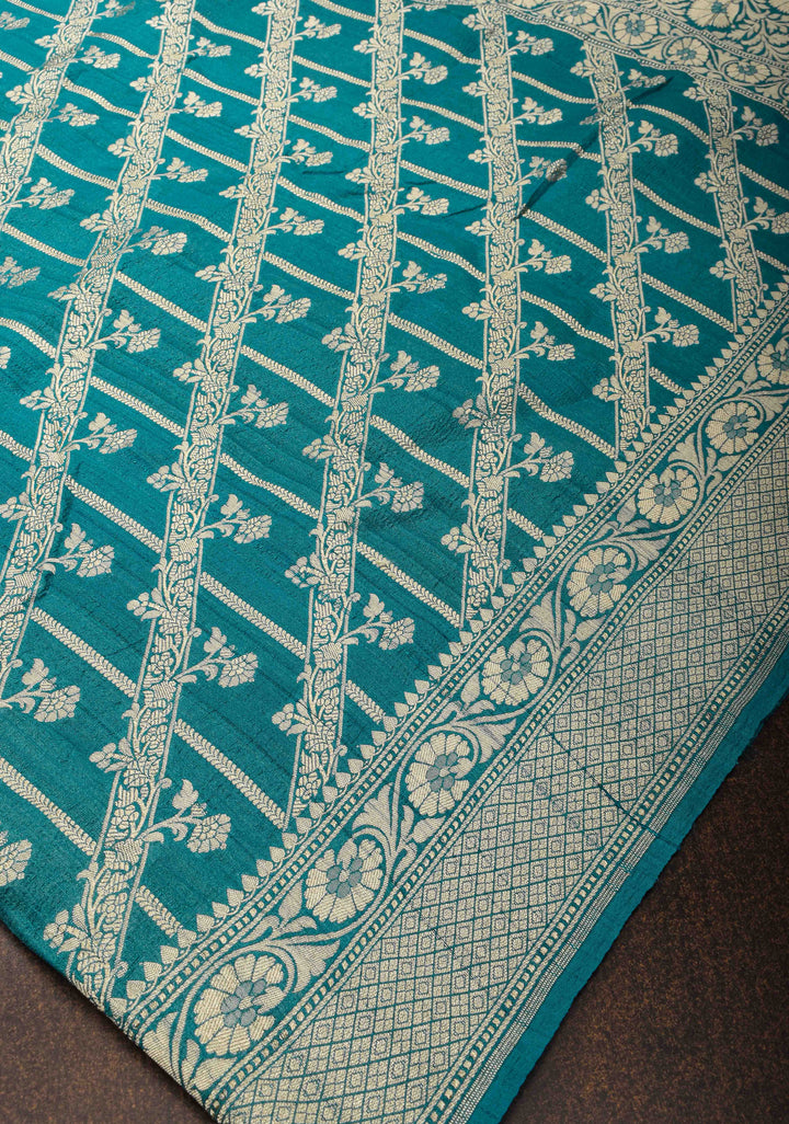 Dark Teal Vertical and diagonal Stripes Tussar Georgette silk saree Saree with Zari border | SILK MARK CERTIFIED