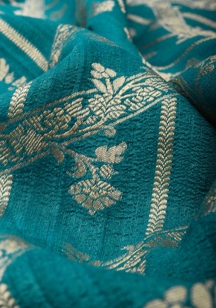 Dark Teal Vertical and diagonal Stripes Tussar Georgette silk saree Saree with Zari border | SILK MARK CERTIFIED