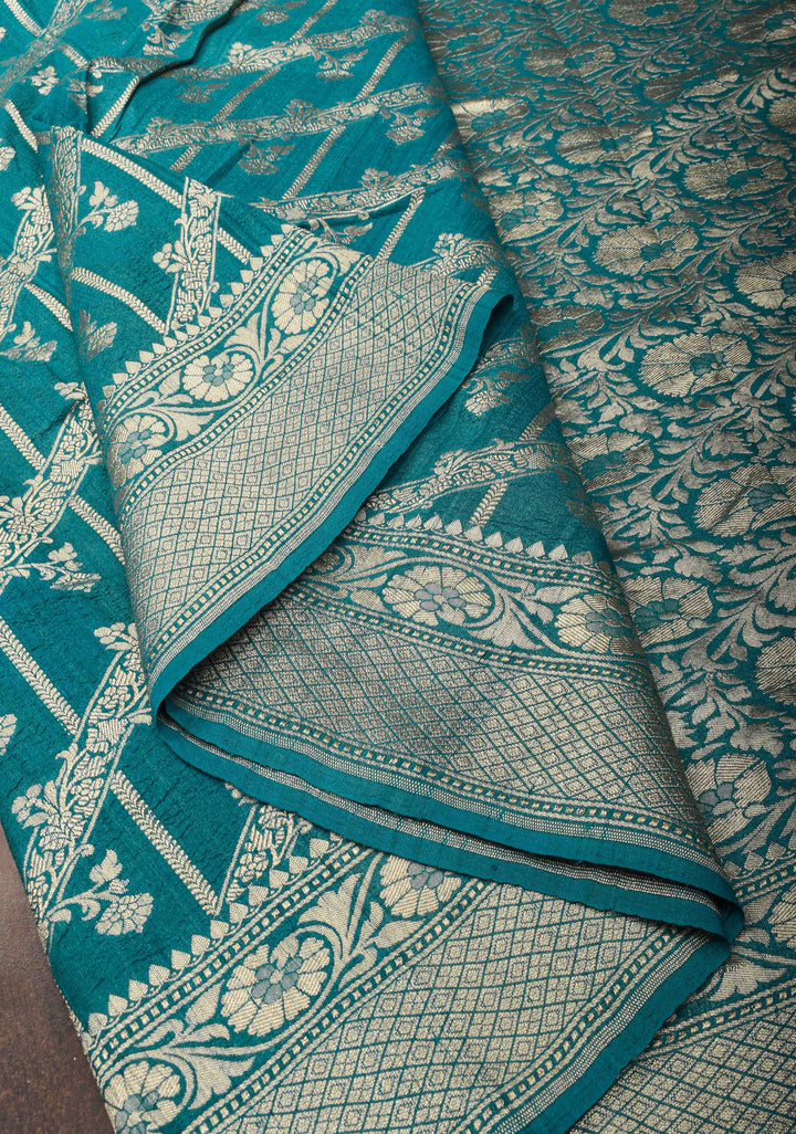 Dark Teal Vertical and diagonal Stripes Tussar Georgette silk saree Saree with Zari border | SILK MARK CERTIFIED