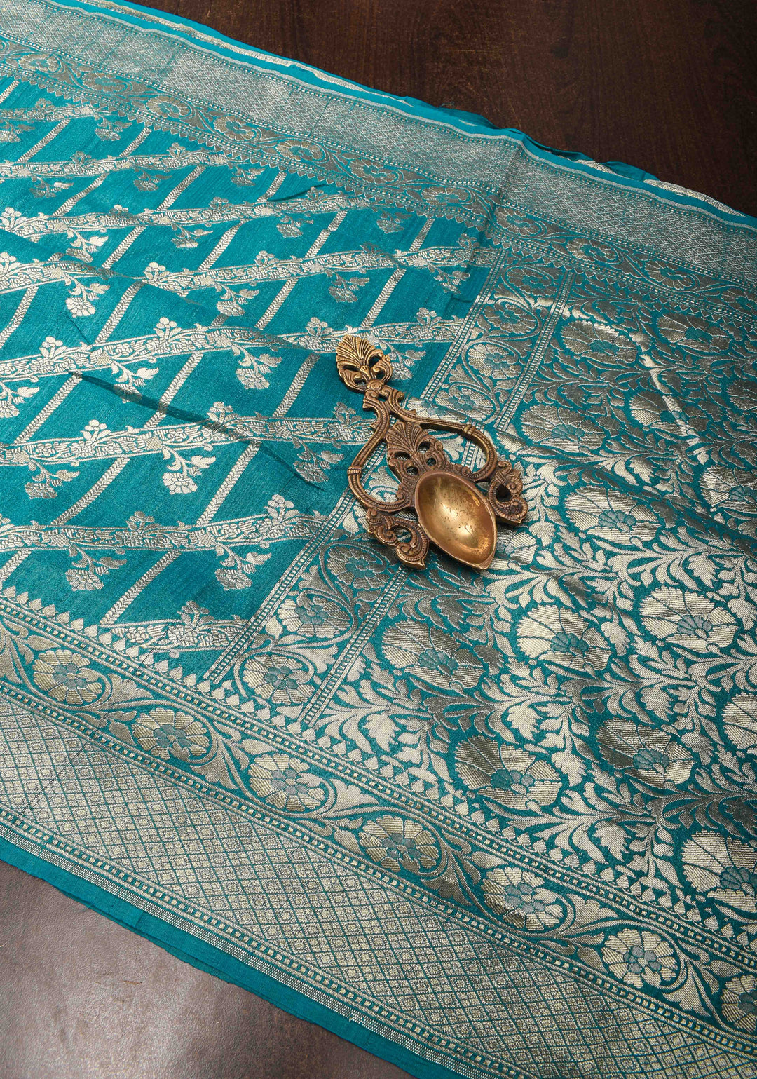 Dark Teal Vertical and diagonal Stripes Tussar Georgette silk saree Saree with Zari border | SILK MARK CERTIFIED