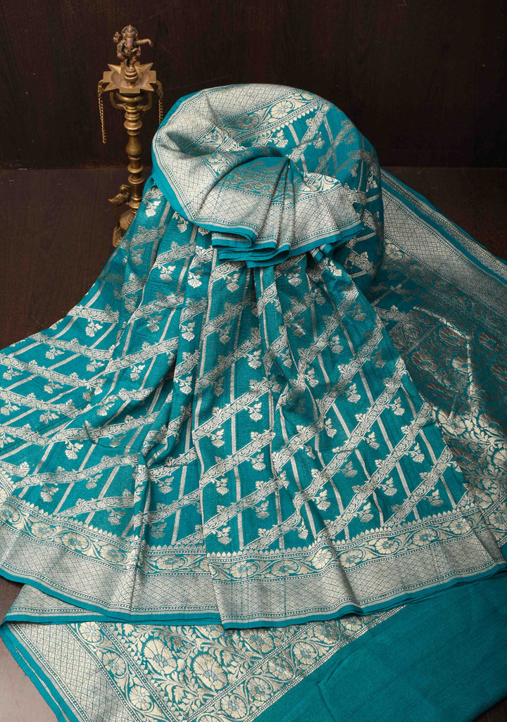 Dark Teal Vertical and diagonal Stripes Tussar Georgette silk saree Saree with Zari border | SILK MARK CERTIFIED