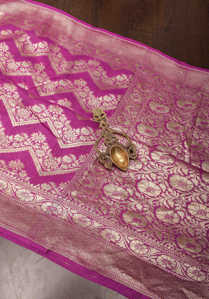 Magenta Banarasi Silk Georgette Saree with trendy Chevron Zari Jaal and Zari Border | SILK MARK CRTIFIED