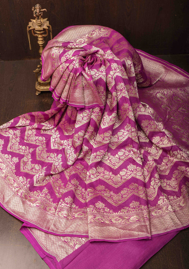Magenta Banarasi Silk Georgette Saree with trendy Chevron Zari Jaal and Zari Border | SILK MARK CRTIFIED