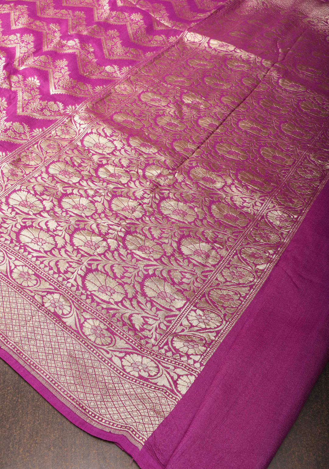 Magenta Banarasi Silk Georgette Saree with trendy Chevron Zari Jaal and Zari Border | SILK MARK CRTIFIED