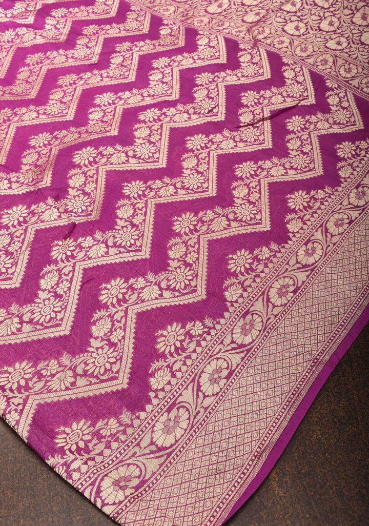 Magenta Banarasi Silk Georgette Saree with trendy Chevron Zari Jaal and Zari Border | SILK MARK CRTIFIED