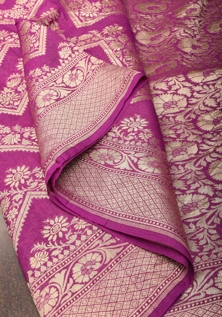 Magenta Banarasi Silk Georgette Saree with trendy Chevron Zari Jaal and Zari Border | SILK MARK CRTIFIED