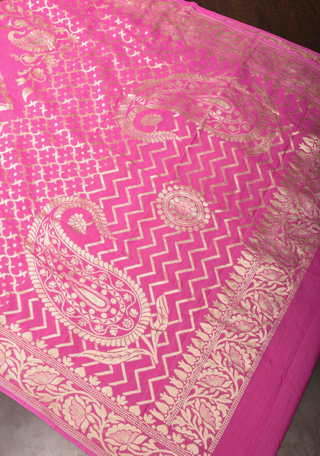 Pink Pure Tussar Georgette Silk Saree with Moroccan Trellis Jaal and Zari Border | SILK MARK CERTIFIED