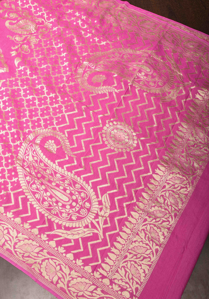 Pink Pure Tussar Georgette Silk Saree with Moroccan Trellis Jaal and Zari Border | SILK MARK CERTIFIED