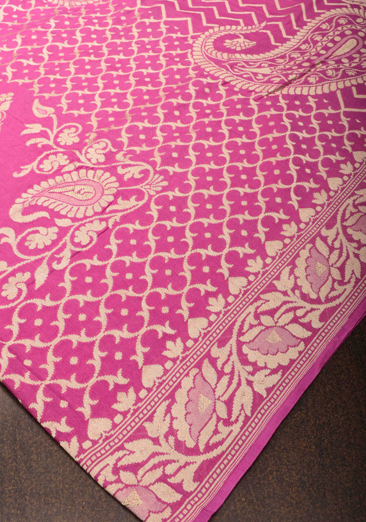 Pink Pure Tussar Georgette Silk Saree with Moroccan Trellis Jaal and Zari Border | SILK MARK CERTIFIED
