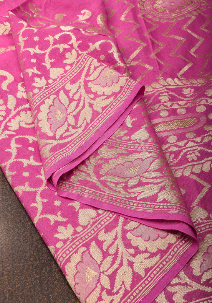 Pink Pure Tussar Georgette Silk Saree with Moroccan Trellis Jaal and Zari Border | SILK MARK CERTIFIED