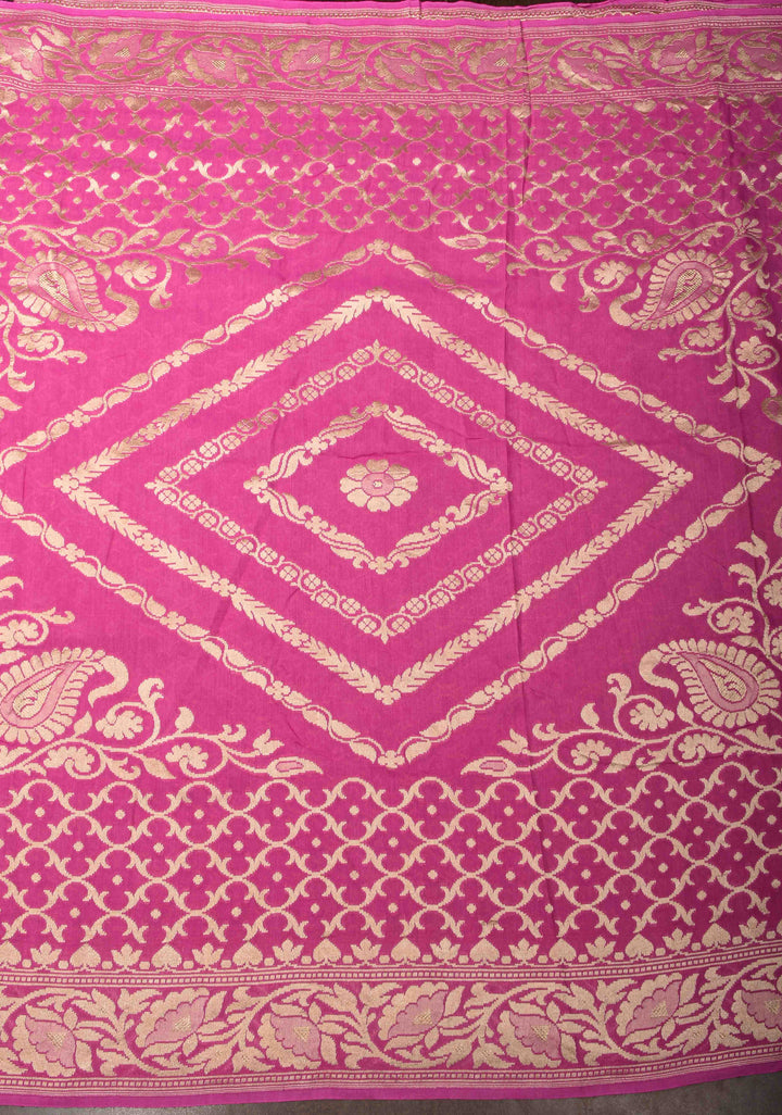 Pink Pure Tussar Georgette Silk Saree with Moroccan Trellis Jaal and Zari Border | SILK MARK CERTIFIED