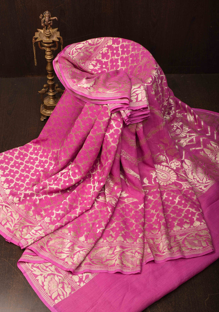 Pink Pure Tussar Georgette Silk Saree with Moroccan Trellis Jaal and Zari Border | SILK MARK CERTIFIED