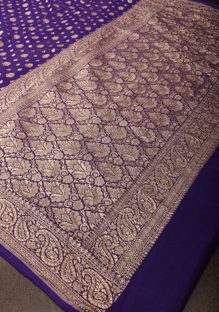 Purple Banarasi Georgette Silk Saree with floral Butta and  Zari Border | SILK MARK CERTIFIED