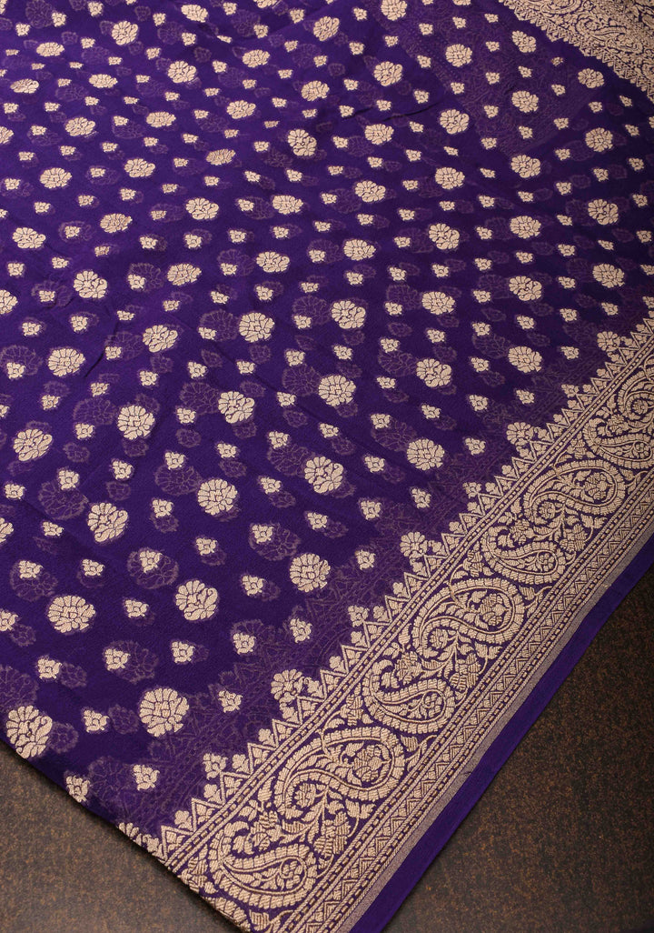 Purple Banarasi Georgette Silk Saree with floral Butta and  Zari Border | SILK MARK CERTIFIED
