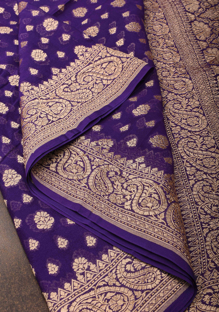 Purple Banarasi Georgette Silk Saree with floral Butta and  Zari Border | SILK MARK CERTIFIED