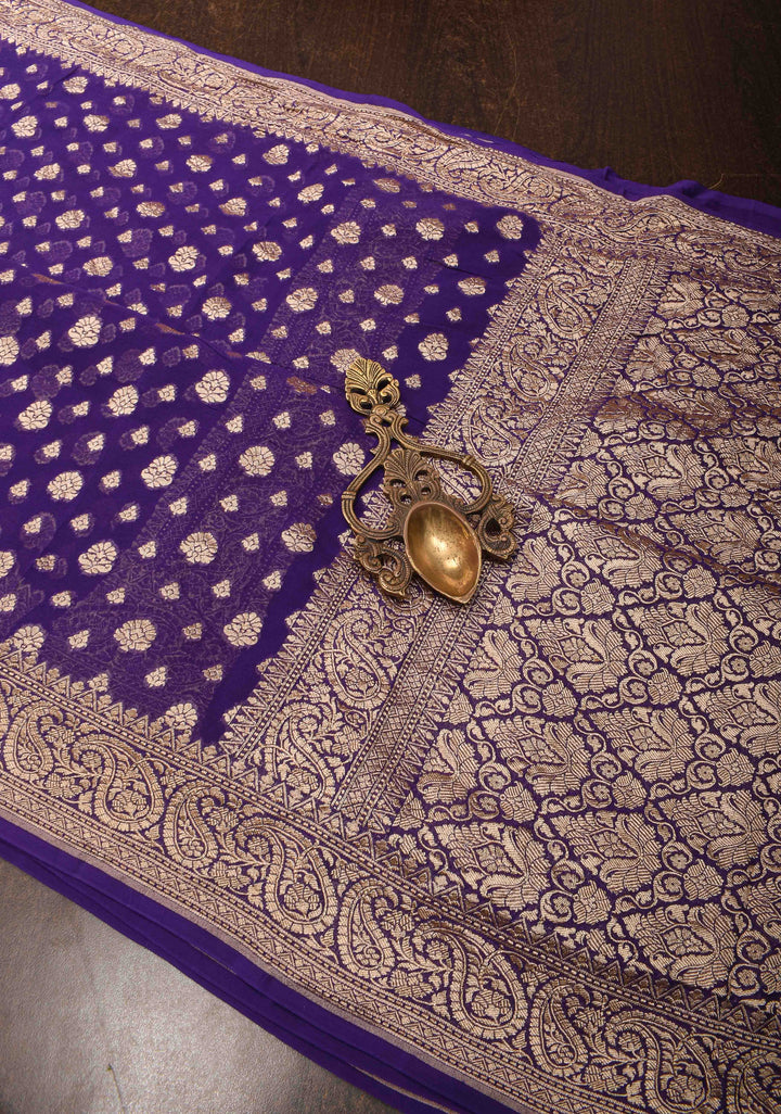 Purple Banarasi Georgette Silk Saree with floral Butta and  Zari Border | SILK MARK CERTIFIED