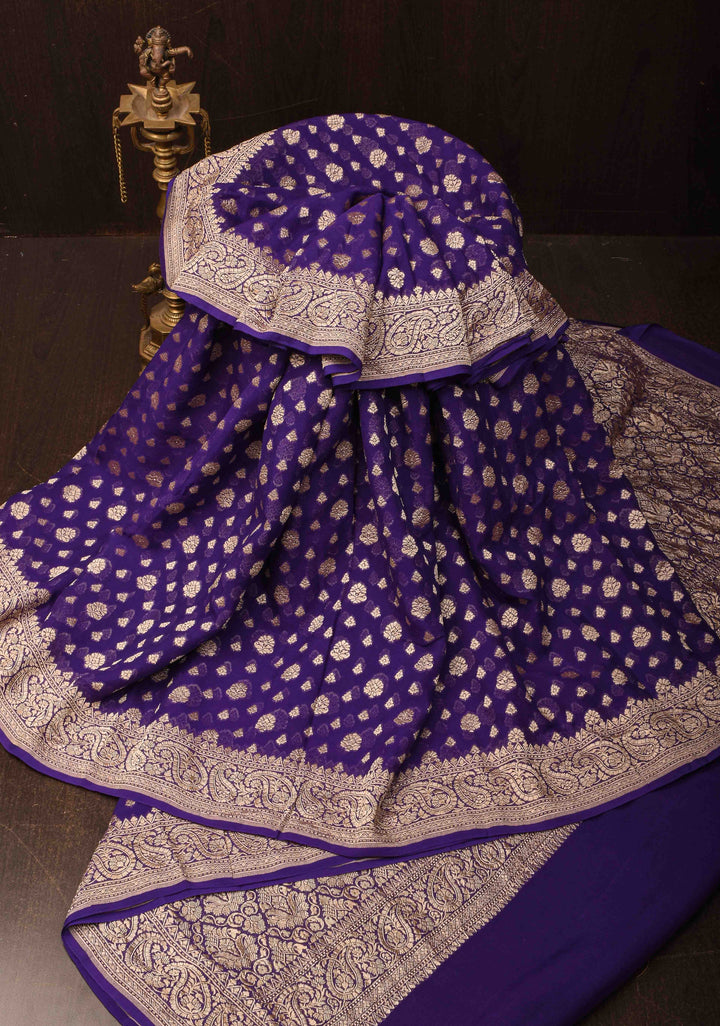 Purple Banarasi Georgette Silk Saree with floral Butta and  Zari Border | SILK MARK CERTIFIED