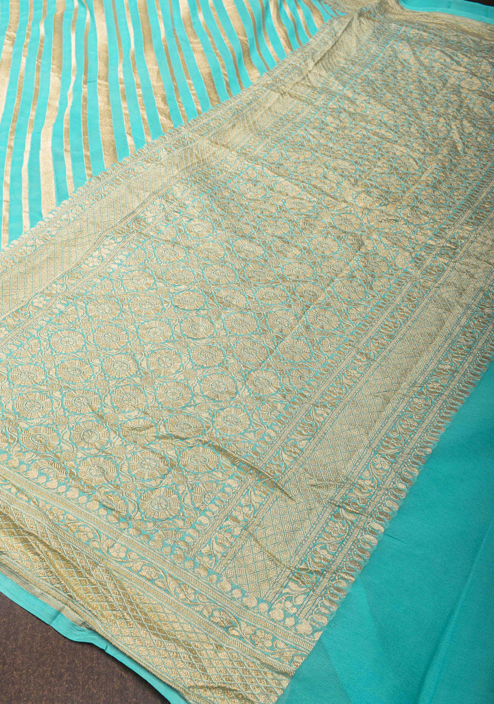 Cyan Pure Georgette silk saree with Leheria Pattern and Zari border | SILK MARK CERTIFIED