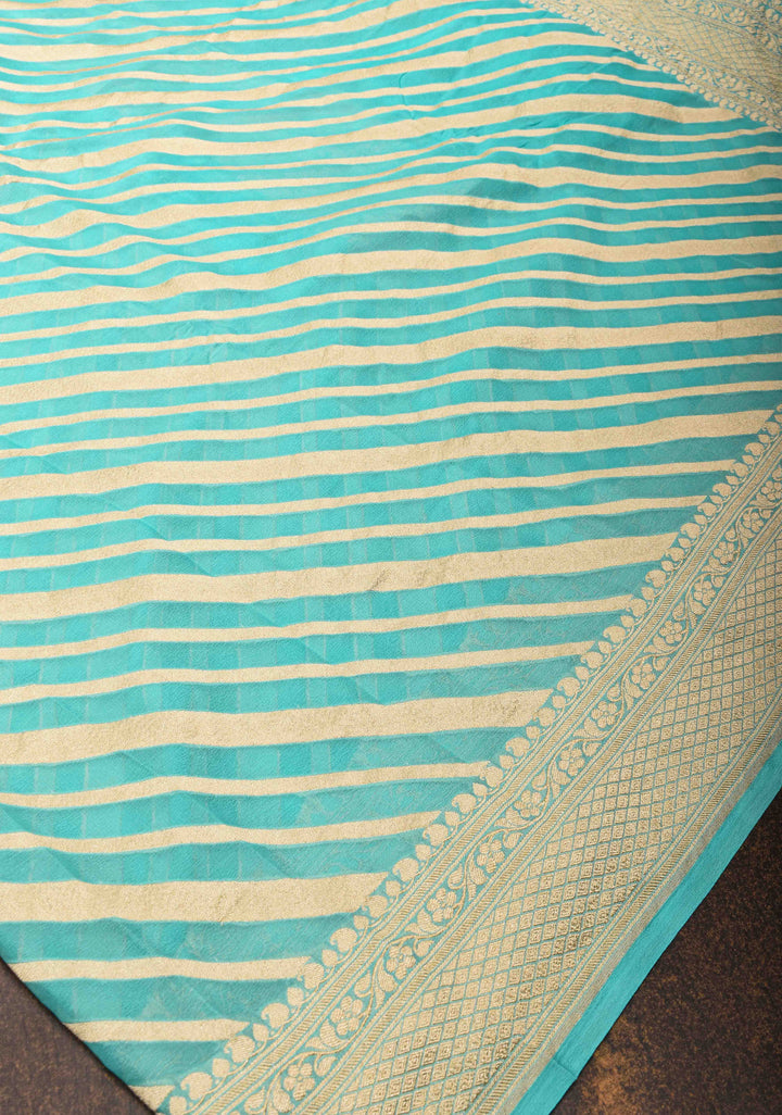 Cyan Pure Georgette silk saree with Leheria Pattern and Zari border | SILK MARK CERTIFIED