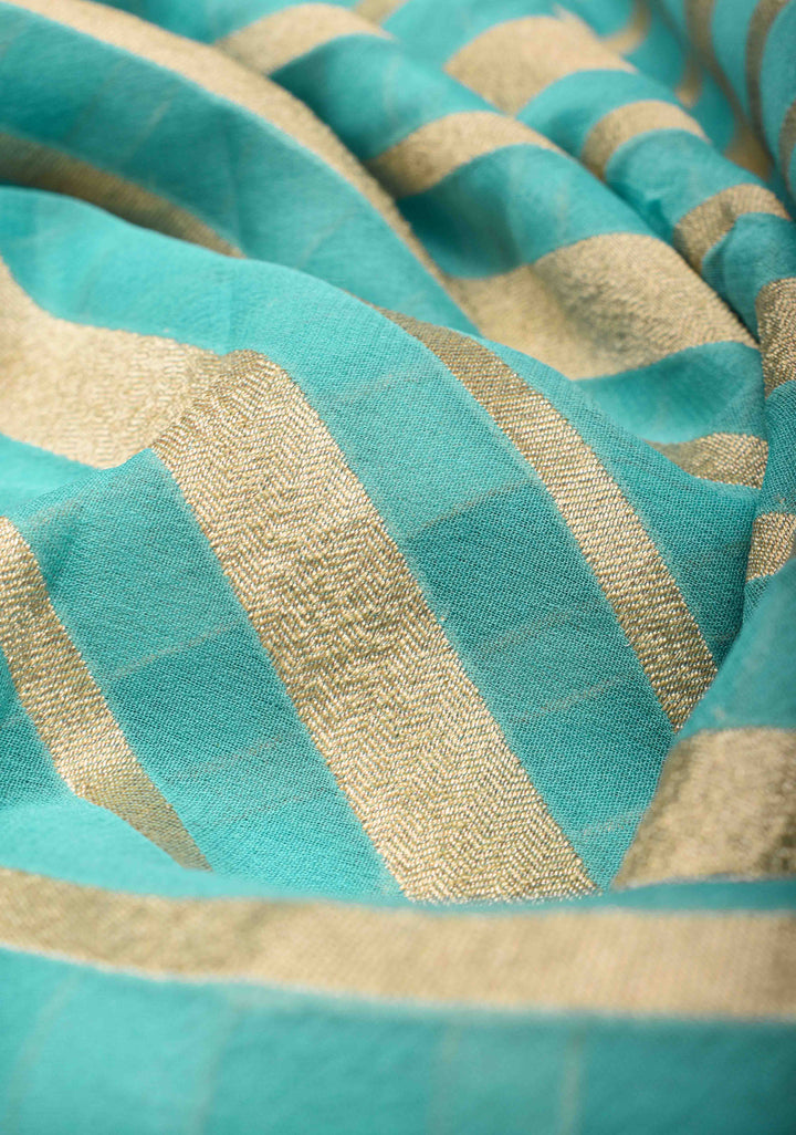Cyan Pure Georgette silk saree with Leheria Pattern and Zari border | SILK MARK CERTIFIED