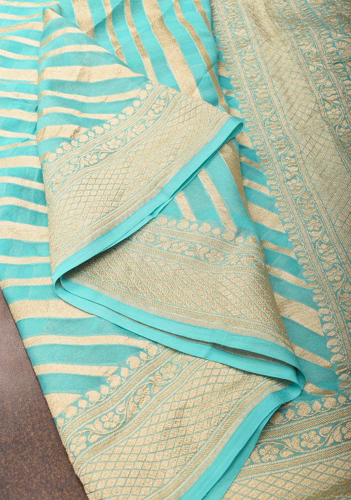 Cyan Pure Georgette silk saree with Leheria Pattern and Zari border | SILK MARK CERTIFIED