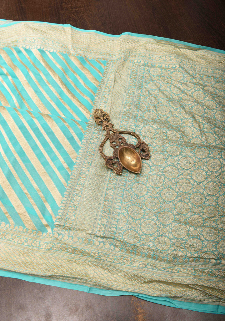 Cyan Pure Georgette silk saree with Leheria Pattern and Zari border | SILK MARK CERTIFIED