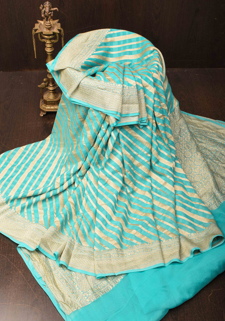 Cyan Pure Georgette silk saree with Leheria Pattern and Zari border | SILK MARK CERTIFIED