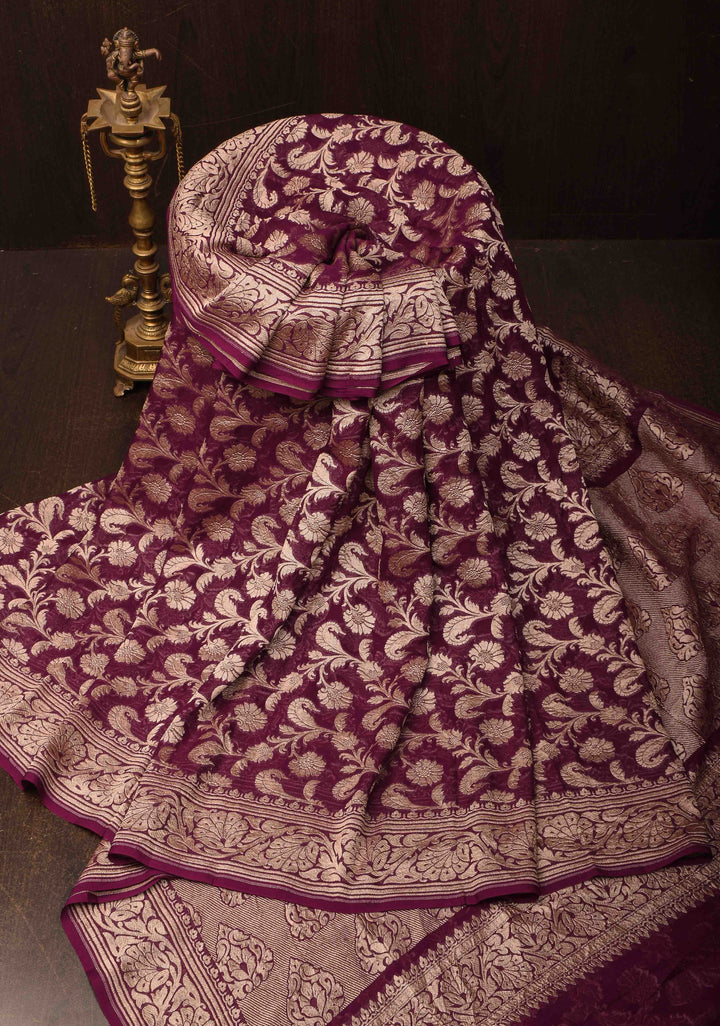Plum Floral jaal Georgette silk saree with Zari border  | SILK MARK CERTIFIED