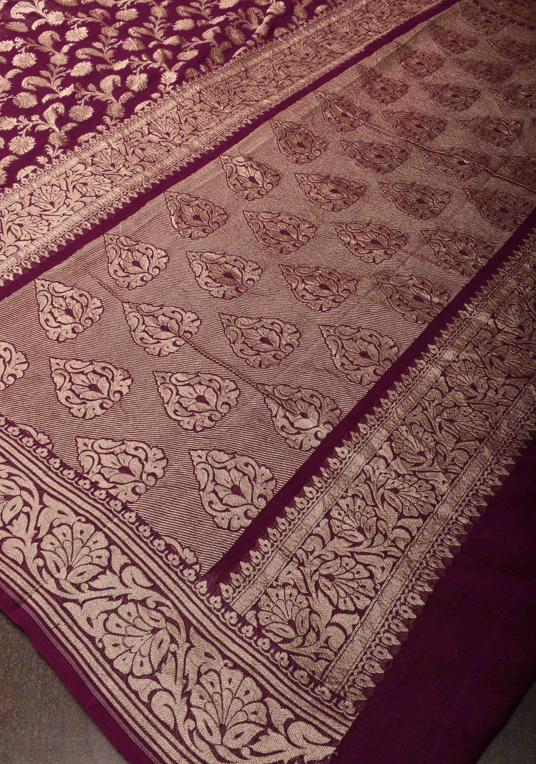 Plum Floral jaal Georgette silk saree with Zari border  | SILK MARK CERTIFIED